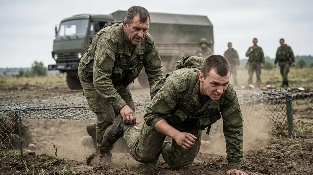 Инструктор страхует военнослужащего на полосе препятствий под проволочным заграждением