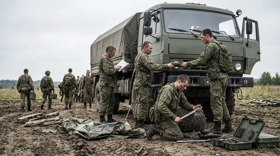 Военнослужащие обслуживают армейский грузовик на полевой стоянке