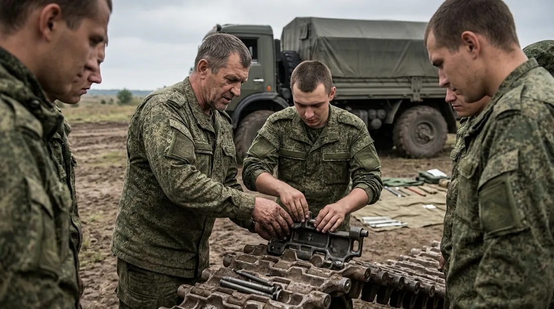 Инструктор показывает устройство гусеничного трака группе военнослужащих